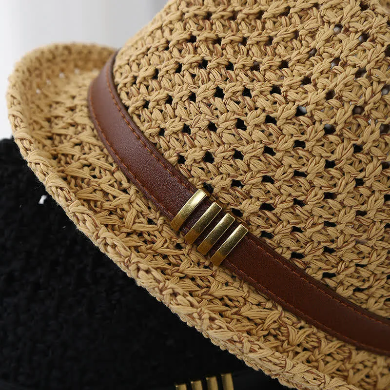 Men's Foldable Leather Strap Hollow Summer Straw Fedora Hat sold by FloralTrip product image thumbnail 3
