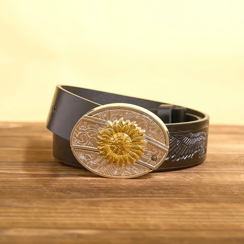 Men's DIY Gold & Silver Sunflower Hidden Folding Knife Leather Belt sold by FloralTrip