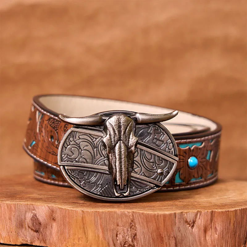 Bull's Head DIY Hidden Knife Silver Western Vintage Buckle Leather Belt sold by FloralTrip