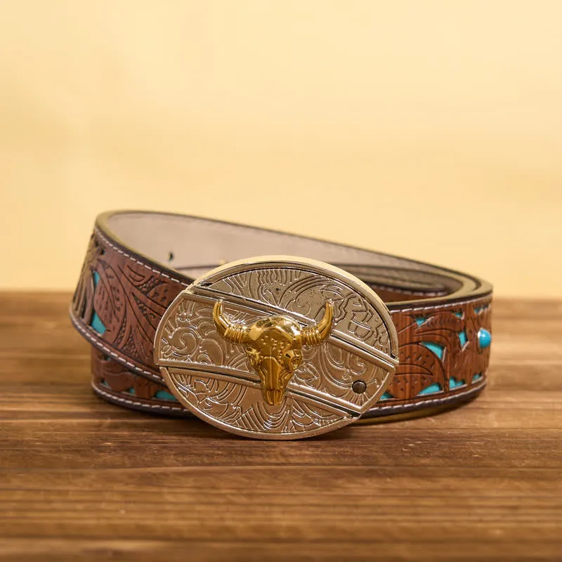 Men's DIY Gold & Silver Bull Hidden Folding Knife Leather Belt sold by FloralTrip