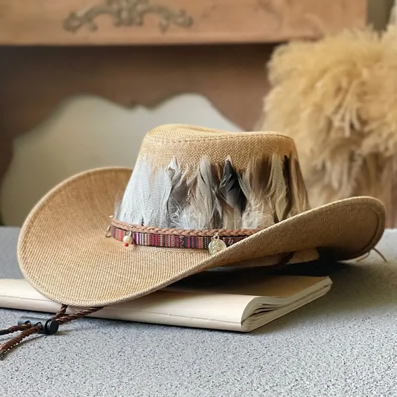 Large Brim Ethnic Style Feather Band Western Cowboy Hat sold by FloralTrip product image thumbnail 4