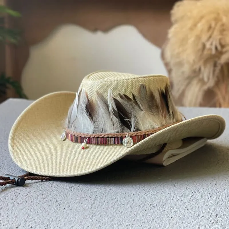Large Brim Ethnic Style Feather Band Western Cowboy Hat sold by FloralTrip product image thumbnail 3