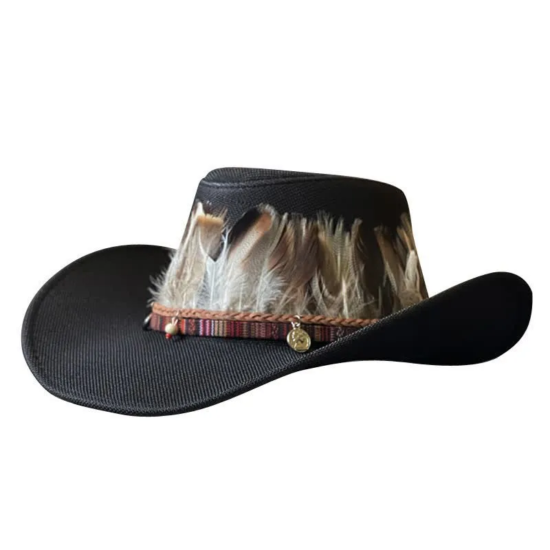 Large Brim Ethnic Style Feather Band Western Cowboy Hat sold by FloralTrip