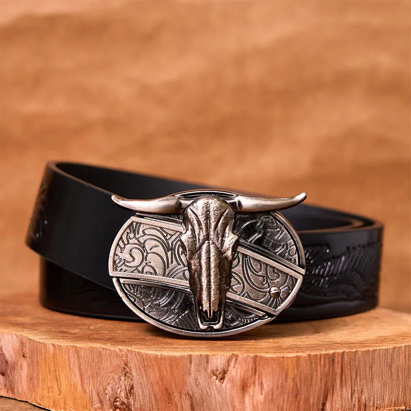 Bull's Head DIY Hidden Knife Silver Western Vintage Buckle Leather Belt sold by FloralTrip