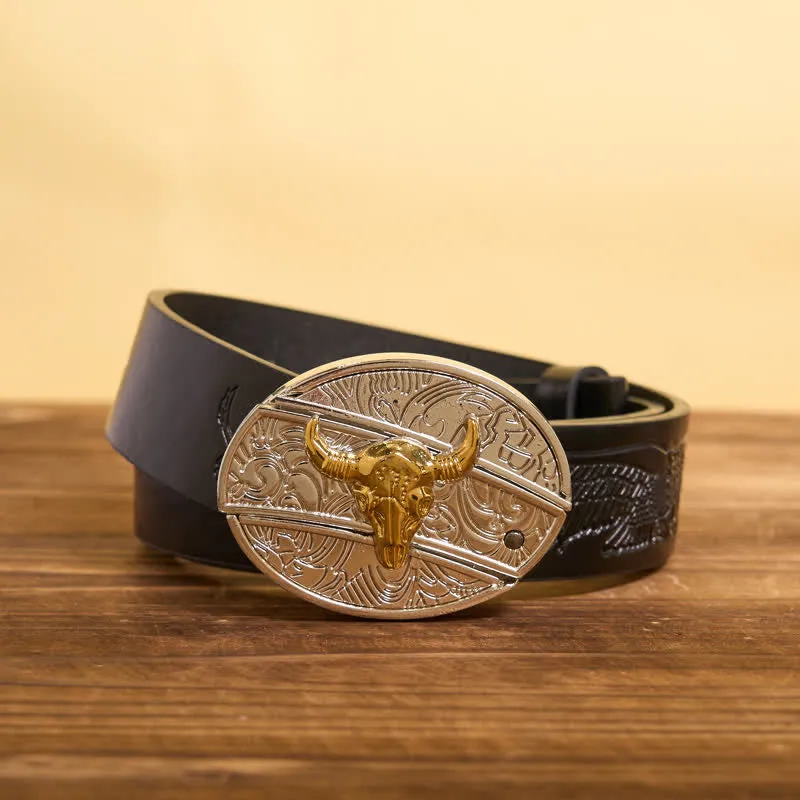 Men's DIY Gold & Silver Bull Hidden Folding Knife Leather Belt sold by FloralTrip