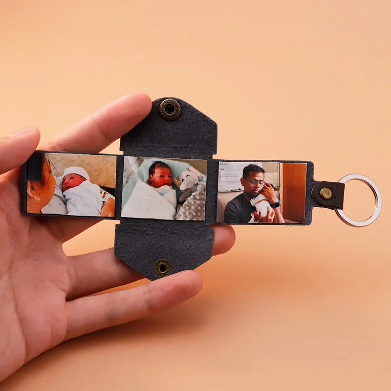 Custom 3 Photo Carved Text Brown Leather Keychain sold by FloralTrip