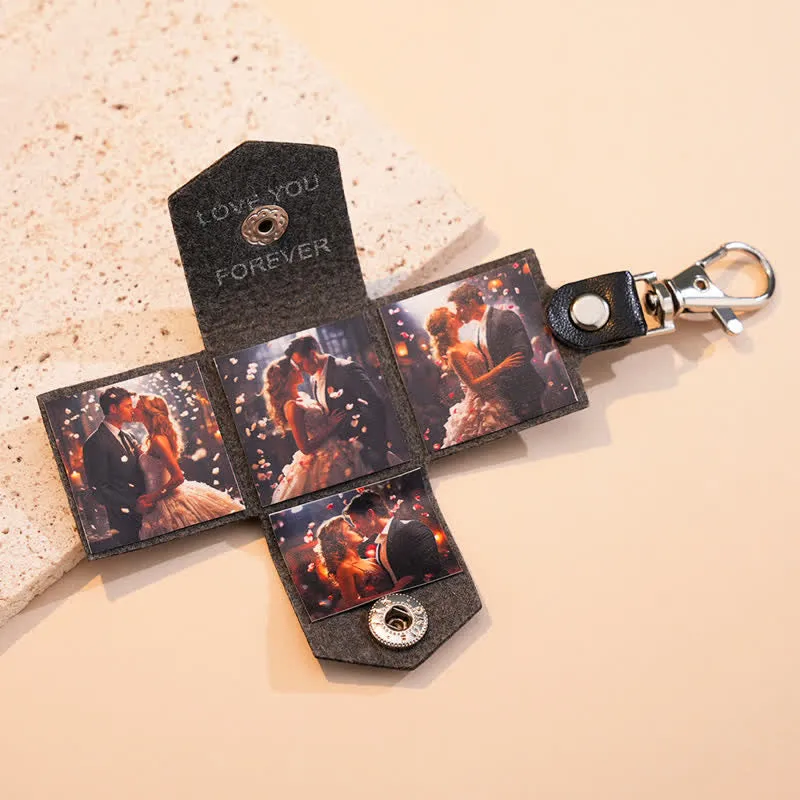 Custom 4 Photo Carved Text Black Leather Keychain sold by FloralTrip