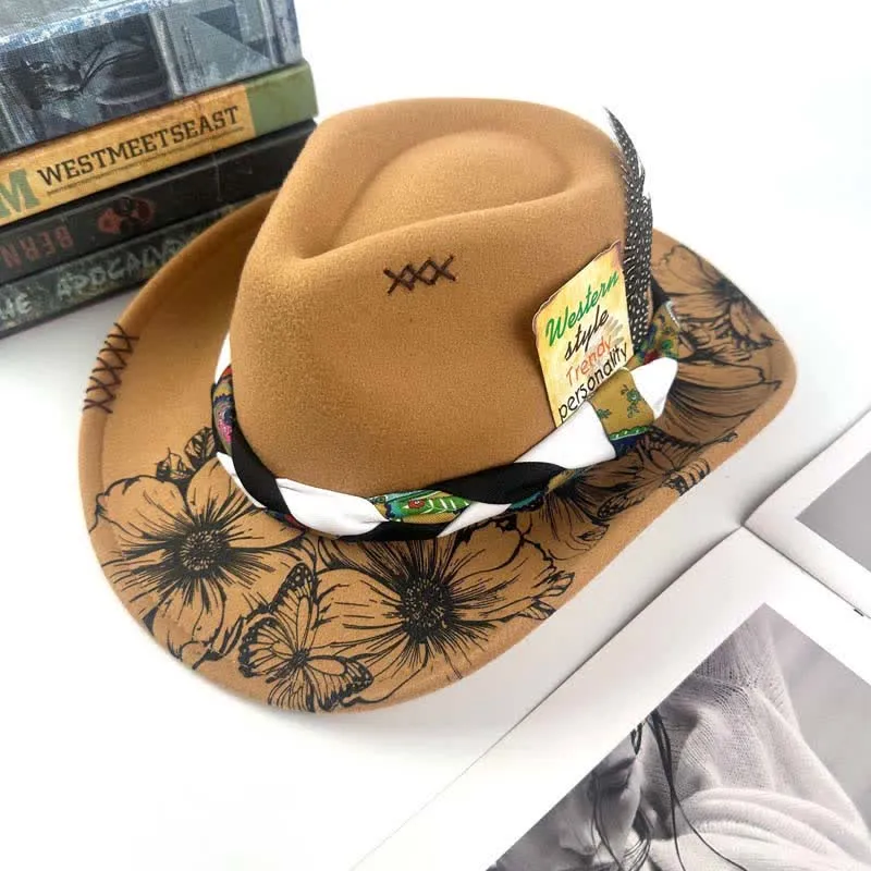 Western Sunflower Feather Decor Ethnic Strap Cowboy Hat sold by FloralTrip