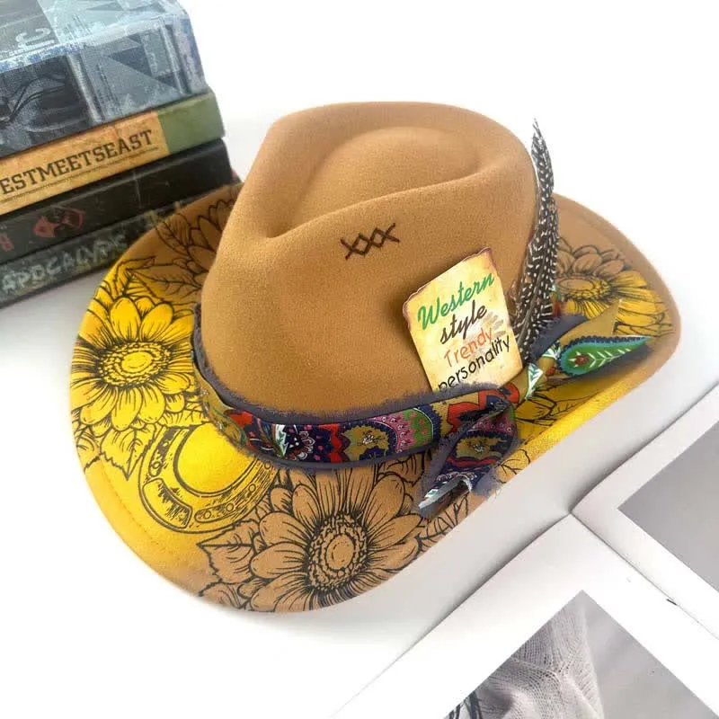 Spray-painted Sunflower Feather Decor Western Cowboy Hat sold by FloralTrip