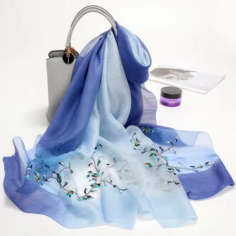 Women's Two Tone Hand-Embroidered Plant Floral Wool Silk Scarf sold by FloralTrip product image thumbnail 3