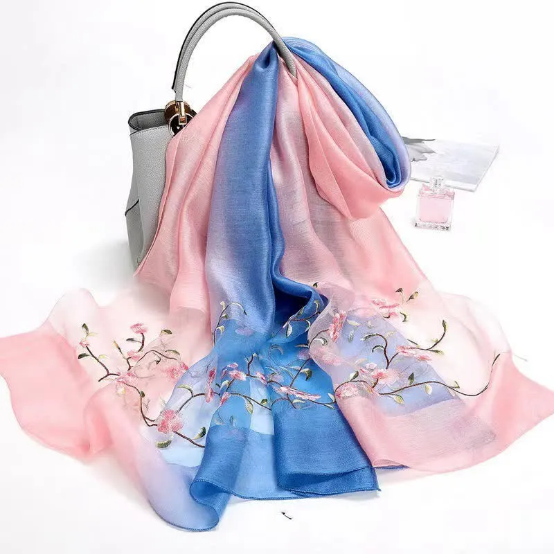 Women's Two Tone Hand-Embroidered Plant Floral Wool Silk Scarf sold by FloralTrip