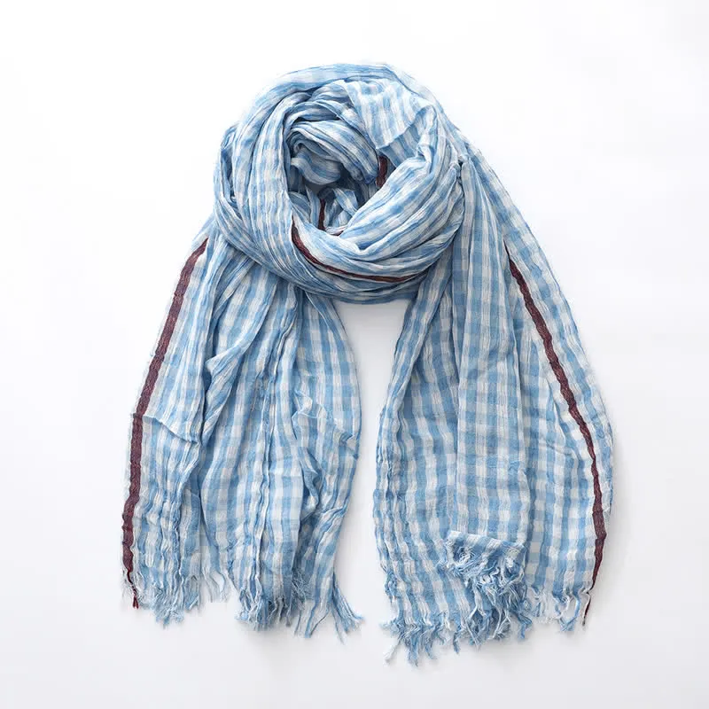 Casual Checkered Tassel Thin Cotton Linen Scarf sold by FloralTrip