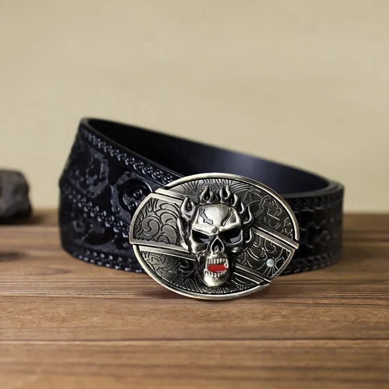 Men's DIY Flame Skull Hidden Folding Knife Leather Belt sold by FloralTrip