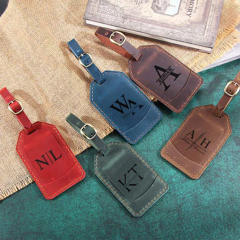 Retro One-Sided Custom Your Text Cowhide Leather Luggage Tag sold by FloralTrip
