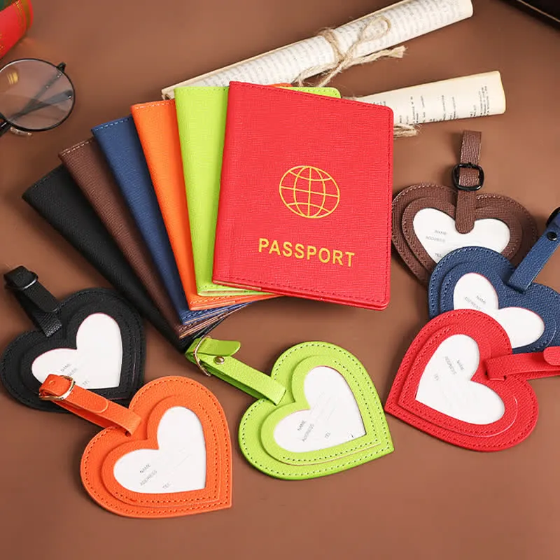 2Pcs Solid Color Passport Cover & Heart Leather Luggage Tag sold by FloralTrip