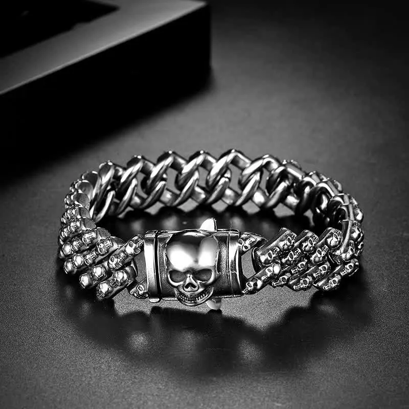 Charm Gothic Punk Biker Skull Silver Bracelet sold by FloralTrip