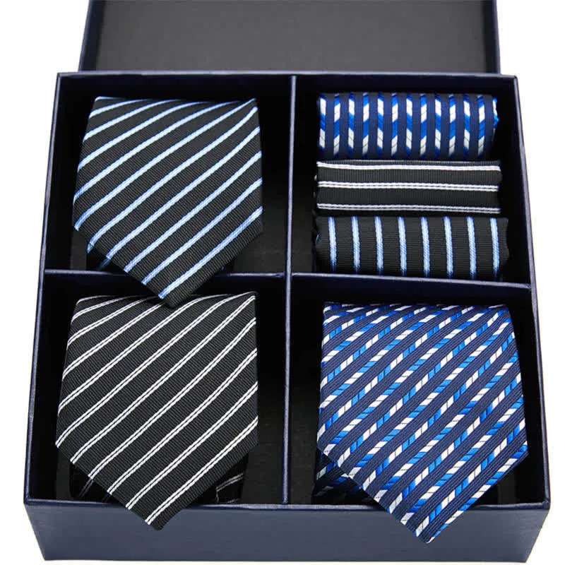 6Pcs Men's Blue & Black Striped Necktie Pocket Square Set Gift Box sold by FloralTrip