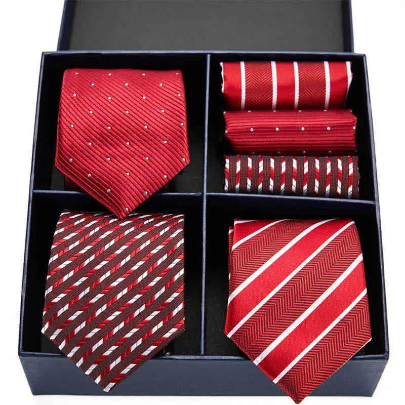 6Pcs Men's Red Dotty & Striped Necktie Pocket Square Set Gift Box sold by FloralTrip