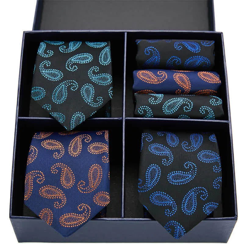 6Pcs Men's Green & Navy Paisley Motifs Necktie Pocket Square Set Gift Box sold by FloralTrip