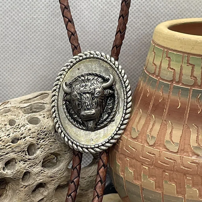 Antique Silver Bull Head Pendant Braided Leather Bolo Tie sold by FloralTrip