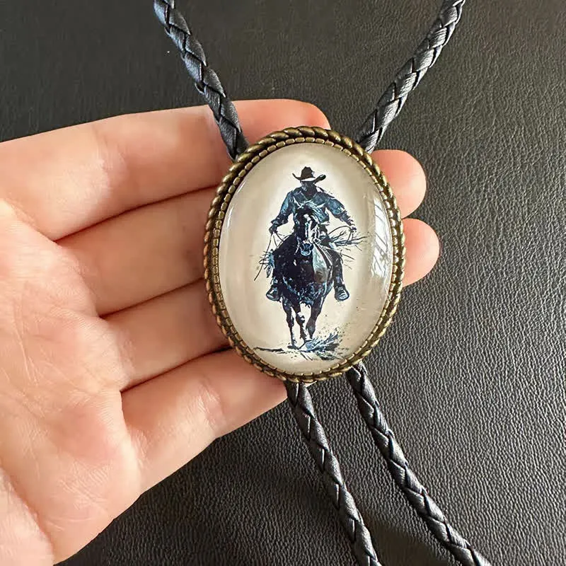 Cowboy Riding Scene Pendant Braided Leather Bolo Tie sold by FloralTrip
