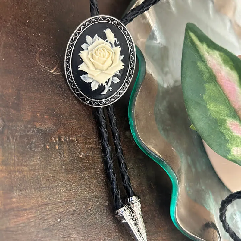 White & Black Rose Braided Leather Bolo Tie sold by FloralTrip