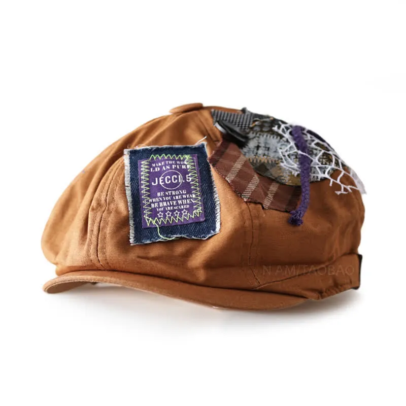 Caramel Street Style Cloth Patchwork Button Beret Hat sold by FloralTrip