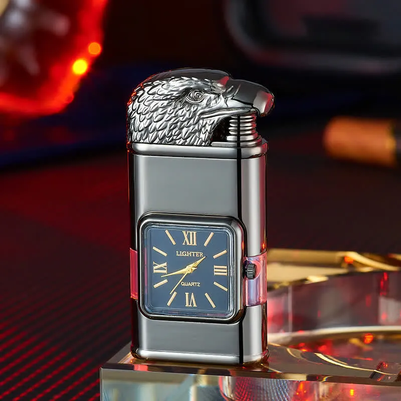 Eagle Head Design Refillable Double Flame Butane Lighter With Clock sold by FloralTrip