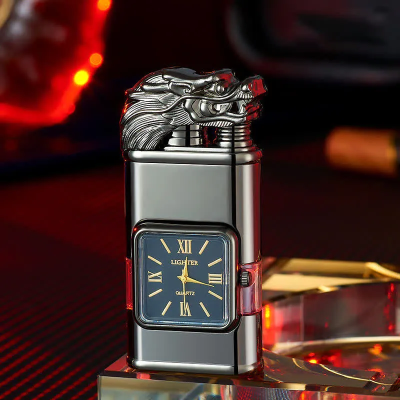 Dragon Design Refillable Double Flame Butane Lighter With Clock sold by FloralTrip