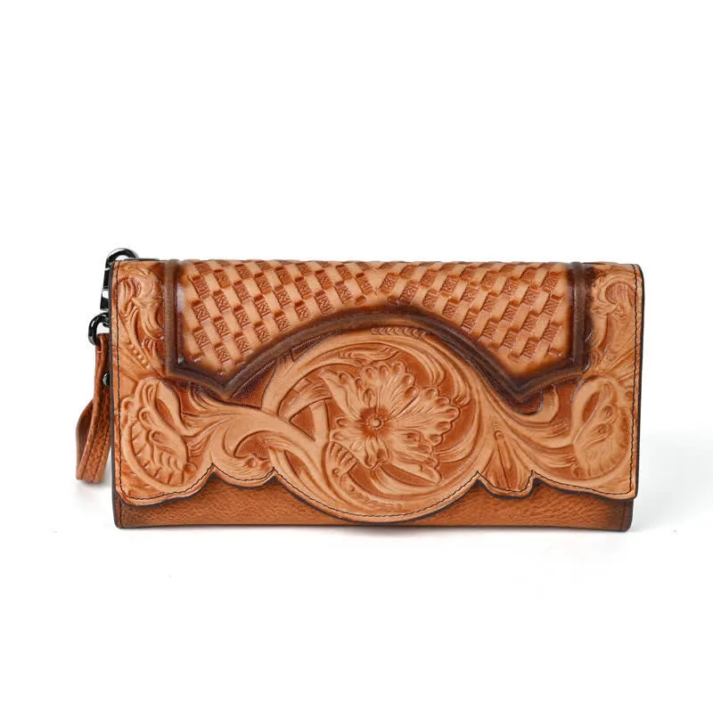 Women's Floral Long Three Folds Leather Wallet With Wrist Strap sold by FloralTrip