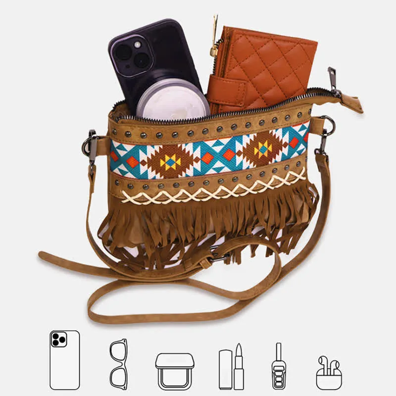 Women's Western Pattern Blue Aztec Fringe Crossbody Bag sold by FloralTrip product image thumbnail 5