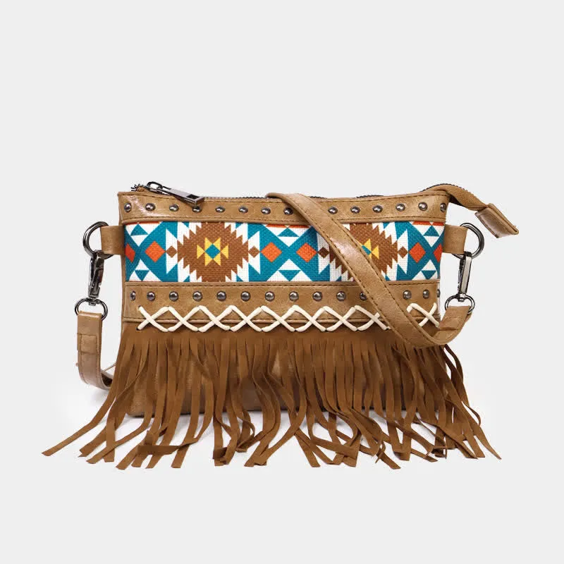 Women's Western Pattern Blue Aztec Fringe Crossbody Bag sold by FloralTrip