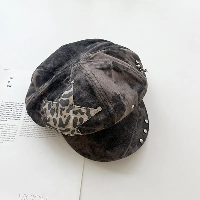 Women's Tie-Dye Leopard Print Patchwork Rivet Beret Hat sold by FloralTrip product image thumbnail 4