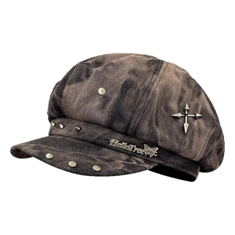 Women's Tie-Dye Leopard Print Patchwork Rivet Beret Hat sold by FloralTrip