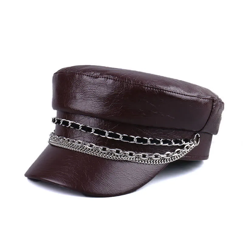 Women's Decorated Chain Flat Top Black Leather Beret Hat sold by FloralTrip product image thumbnail 5