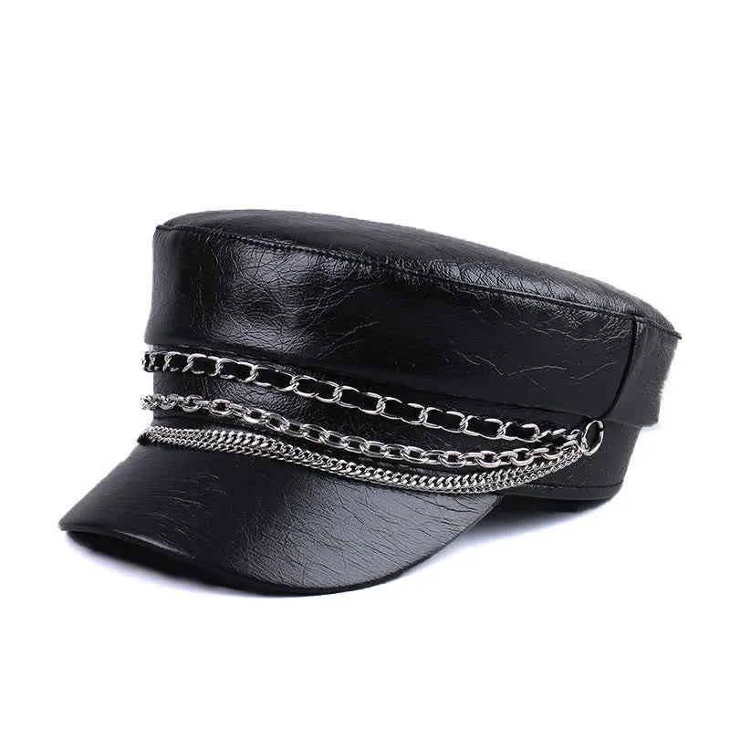 Women's Decorated Chain Flat Top Black Leather Beret Hat sold by FloralTrip