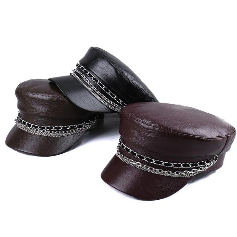 Women's Decorated Chain Flat Top Black Leather Beret Hat sold by FloralTrip product image thumbnail 2