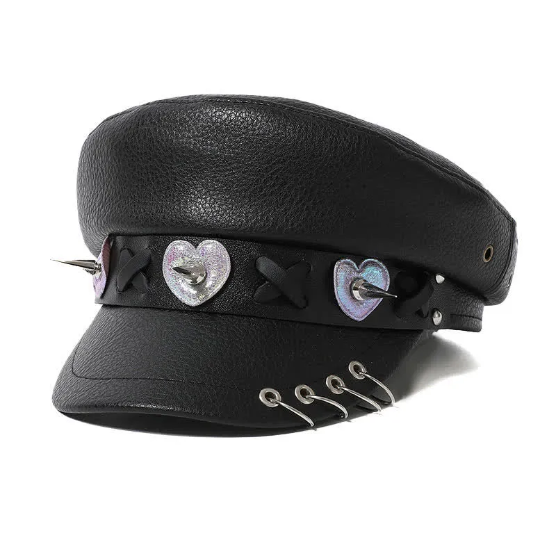 Hip-Hop Style Heart Studded Rivet Black Leather Beret Hat sold by FloralTrip