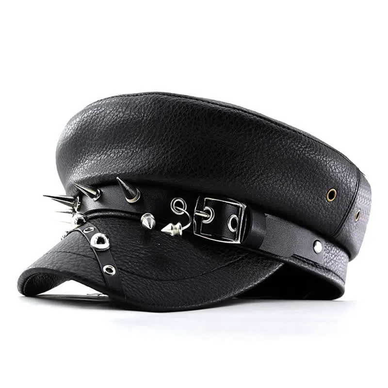 Women's Punk Rivet Navy Cap Black Leather Beret Hat sold by FloralTrip
