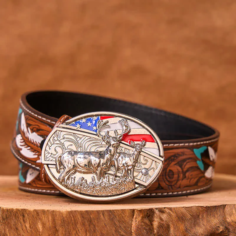 Men's DIY Enameled USA Flag & Deer Hidden Folding Knife Leather Belt (Pre-Sale) sold by FloralTrip