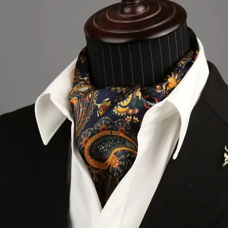 Men's Navy & Gold Paisley Reversible Design Thin Long Silk Scarf sold by FloralTrip