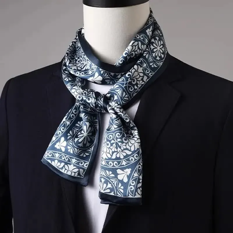Men's Blue And White Floral Dual Sided Thin Long Scarf sold by FloralTrip