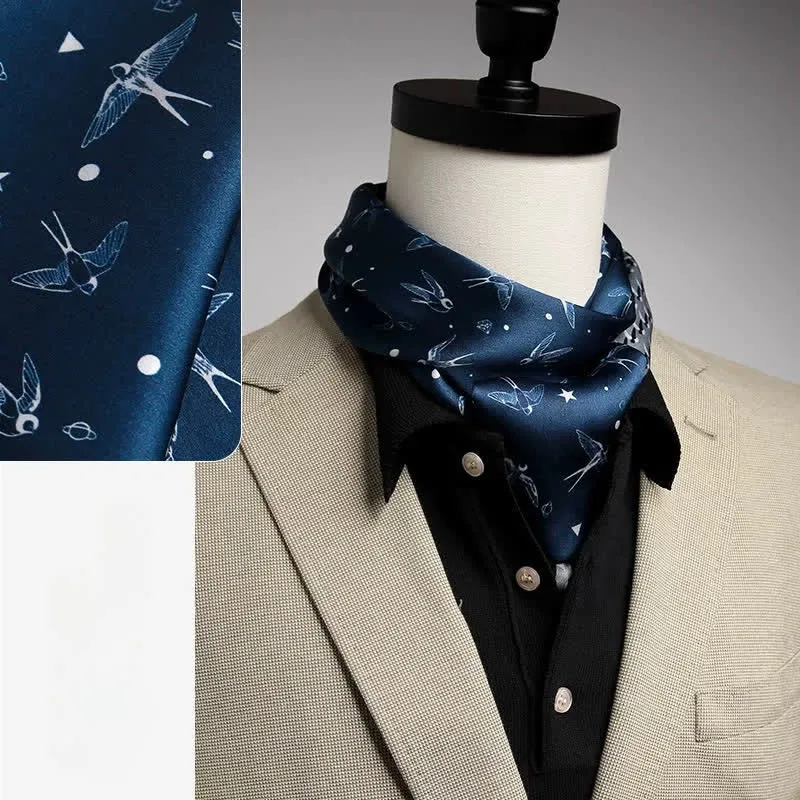 Men's Blue Sky White Swallow Dual Sided Thin Long Silk Scarf sold by FloralTrip