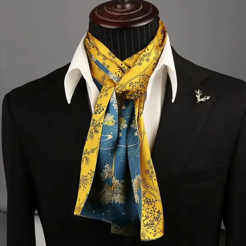 Men's Luxurious Vibrant Blue & Yellow Floral Thin Long Silk Scarf sold by FloralTrip