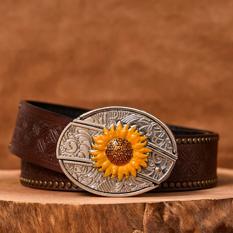 Men's Colorful Sunflower DIY Hidden Knife Western Buckle Leather Belt (Pre-Sale) sold by FloralTrip