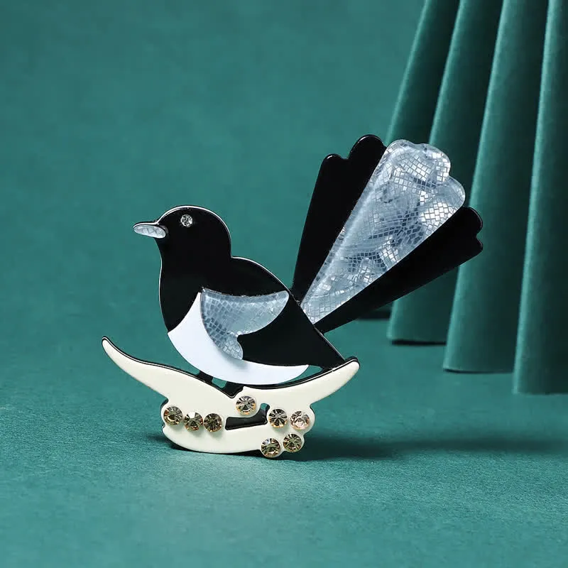 Black & Blue Magpie Bird Handmade Acrylic Brooch sold by FloralTrip