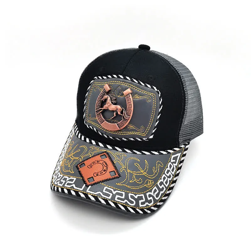 Copper Color 3d Metal Decor Ethnic Mexican Gray Mesh Truck Hat (Pre-Sale) sold by FloralTrip