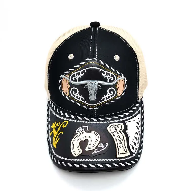 Black 3d Metal Decor Ethnic Mexican Beige Mesh Truck Hat (Pre-Sale) sold by FloralTrip product image thumbnail 3