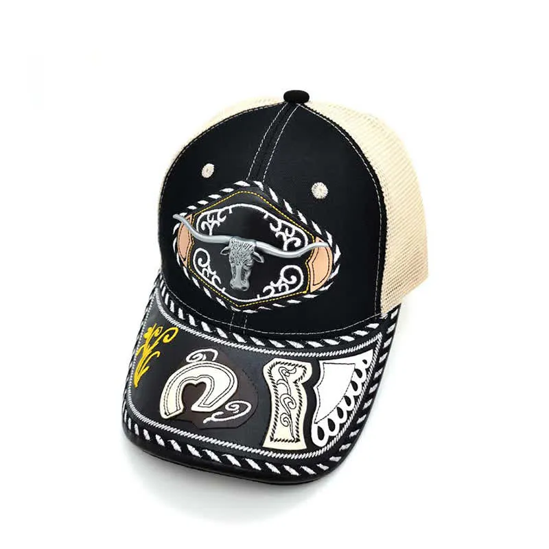 Black 3d Metal Decor Ethnic Mexican Beige Mesh Truck Hat (Pre-Sale) sold by FloralTrip