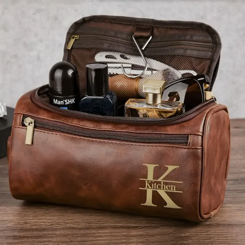 Custom Laser Engrave Monogram Travel Leather Toiletry Bag sold by FloralTrip